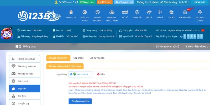 Nạp tiền 123b tham gia game